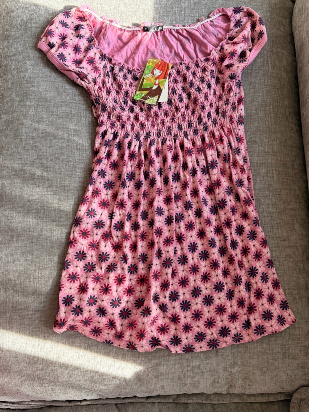 Y2K FANG Pink Floral Smocked baby doll with Navy Daisy Print